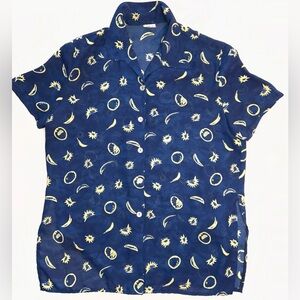 Vintage Celestial Navy Button Up Short Sleeve Top